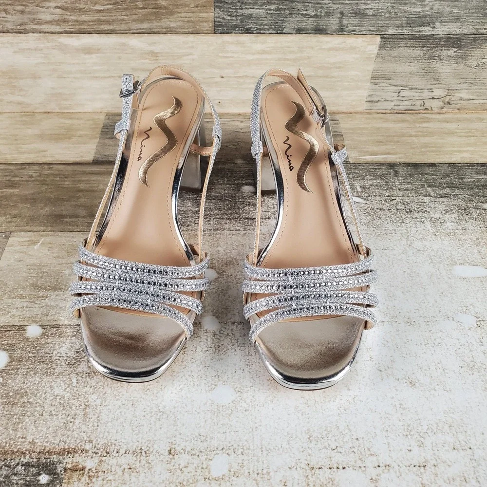 Nina Blanche Womens Sandals Sz 7.5 M Silver Rhinestone Slingback Block Heel